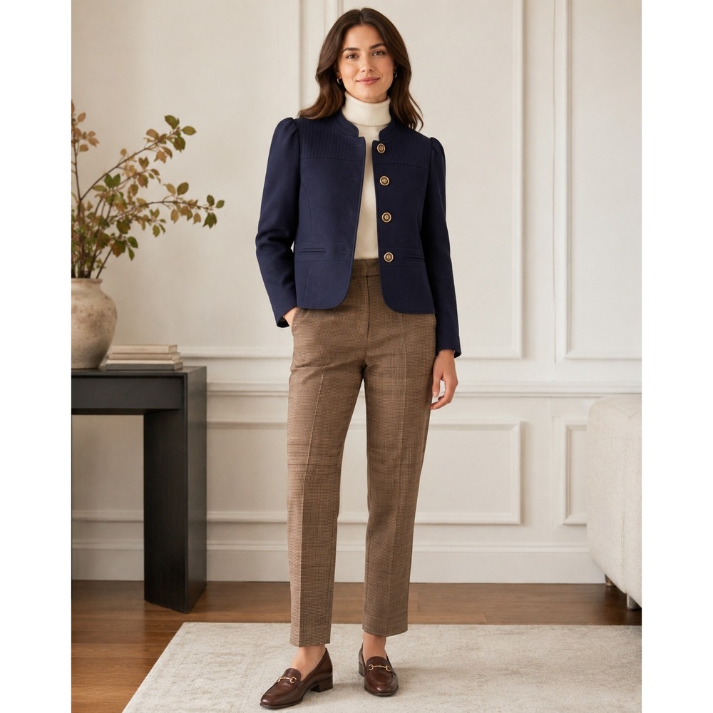 Halogen Blazer Jacket M Navy Blue Cotton Puff Sleeve Stand Collar Ornate Button
